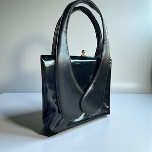 VTG Ila of California Black Patent Faux Leather 1970s Frame Purse Handbag